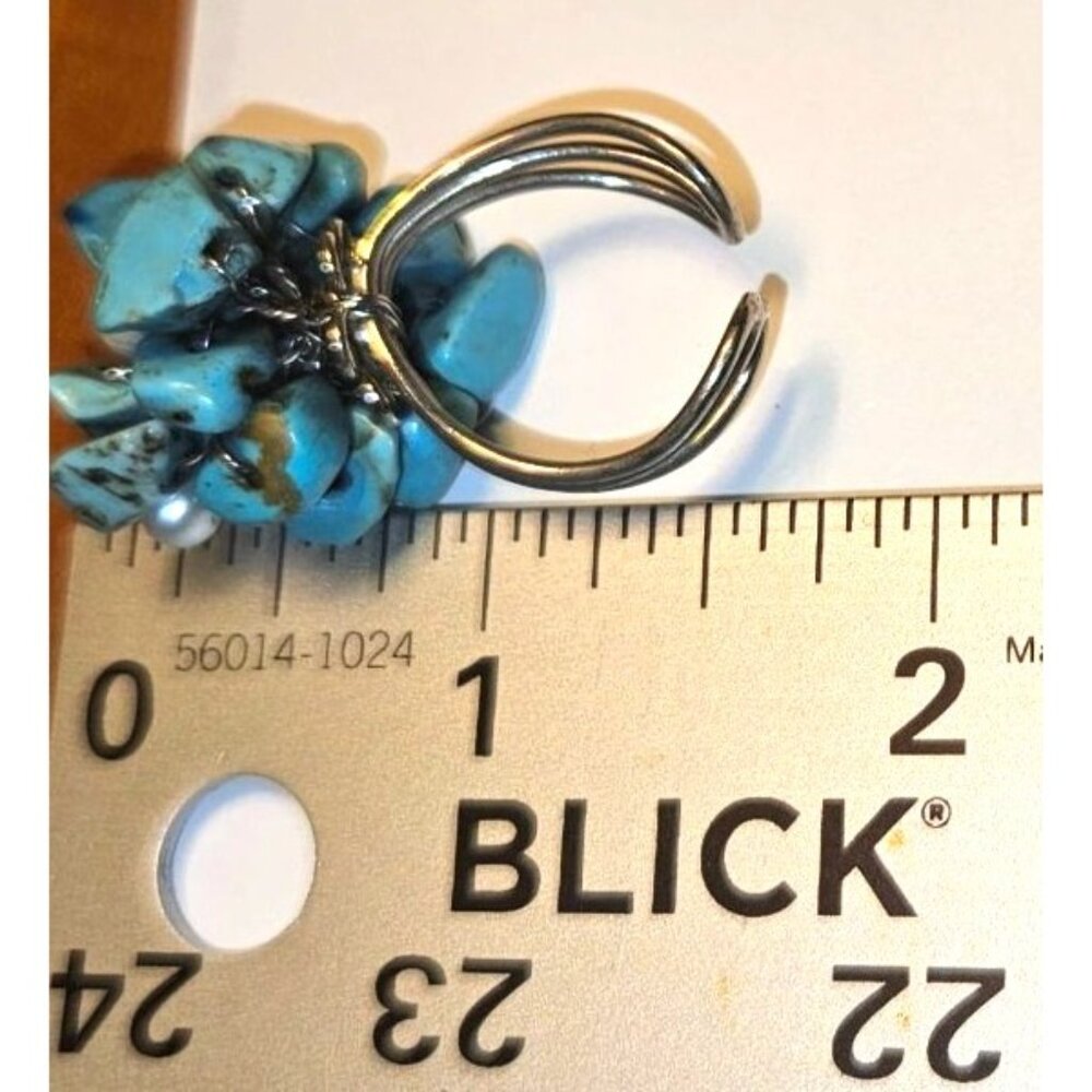 Statement Ring Adjustable Turquoise & Pearl Clust… - image 6